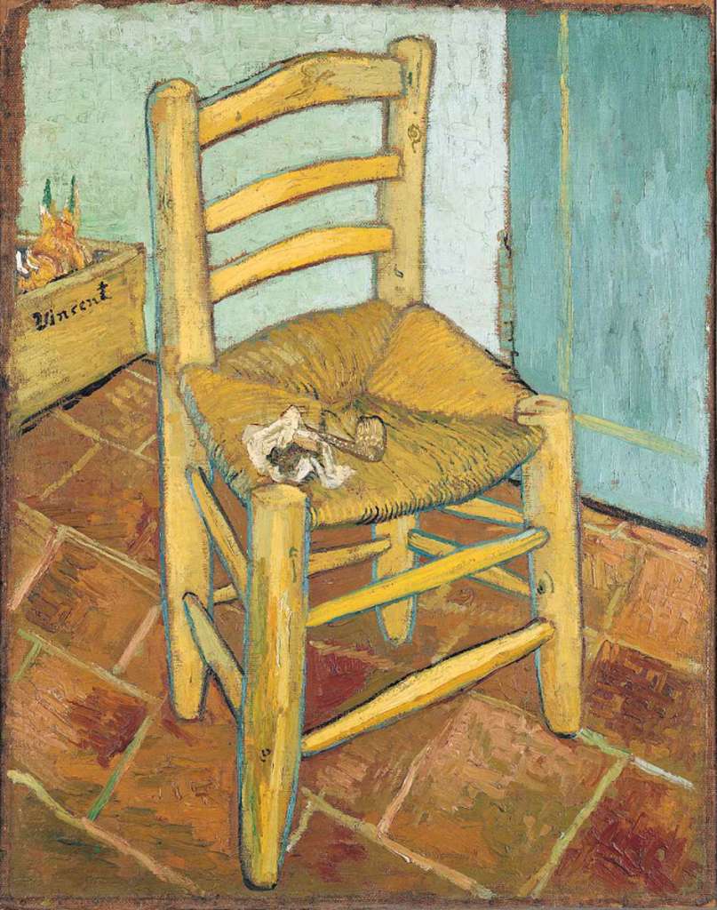 London National Gallery Top 20 20 Vincent Van Gogh - Van Goghs Chair Vincent van Gogh - Van Gogh�s Chair, 1888, 92 x 73 cm. This work was painted while Van Gogh was working in the company of Gauguin at Arles. Van Gogh also painted a companion picture of Gauguin's armchair, now in the Rijksmuseum Vincent Van Gogh in Amsterdam. He described his own painting as a picture of �a wooden rush-bottomed chair with a pipe and tobacco pouch�. Van Gogh�s Chair is a simple rustic seat of natural materials, seen by daylight in �Japanese perspective� with sprouting bulbs behind it suggesting natural growth.